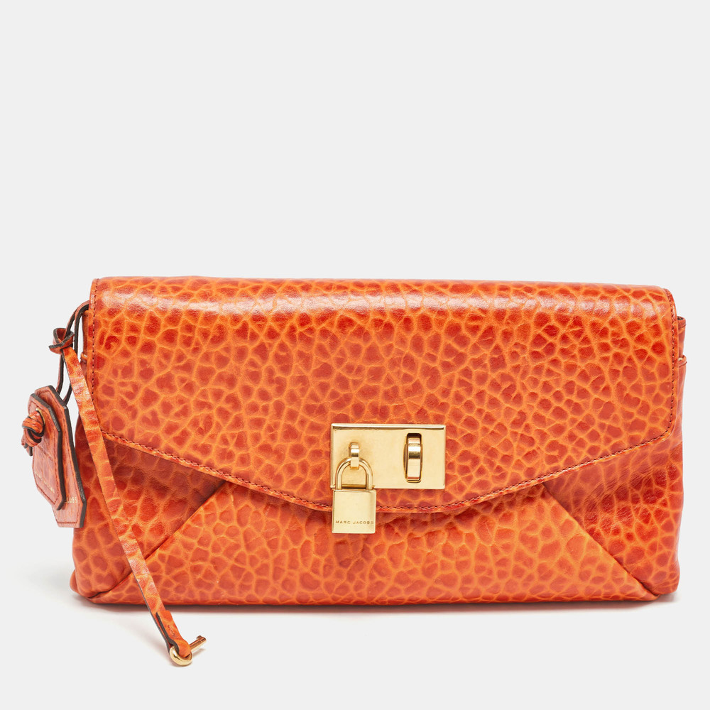 MARC JACOBS Orange Textured Leather Lock Flap Clutch